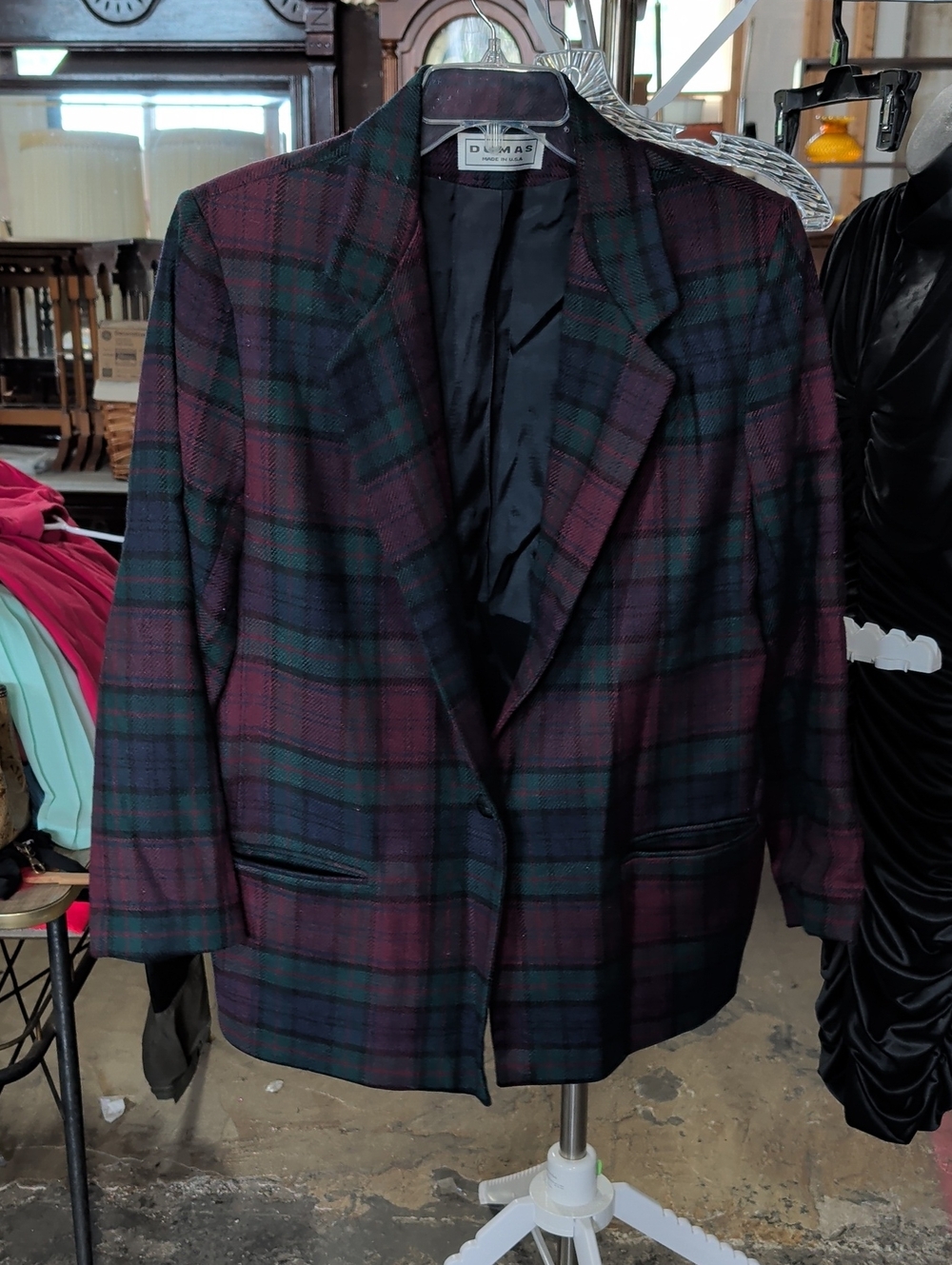 Vintage Dumas Women's Burgundy and Dark Green Tartan Plaid Blazer USA Made